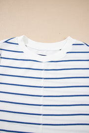 Sail Blue Striped Long Sleeve Top Drawstring Wide Leg Pants 2pcs Outfit