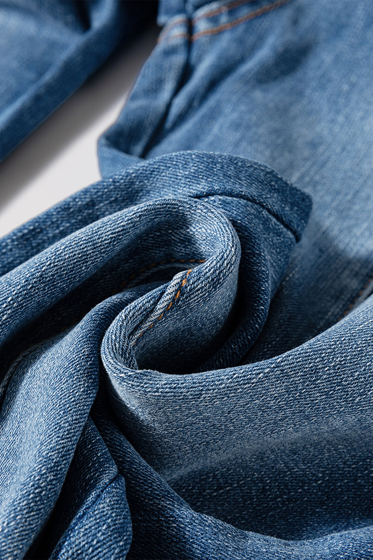 Sail Blue High Waist Button Fly Seamed Raw Hem Flare Jeans