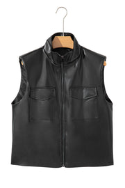 Black Double Flap Pocket Faux Leather Zip Up Stand Neck Vest