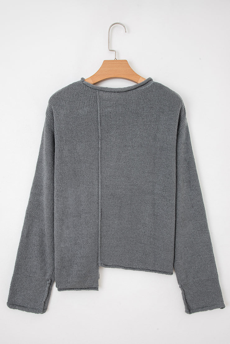 Medium Grey Raw Edge Uneven Hem Patchwork Drop Shoulder Sweater