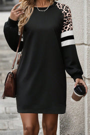 Black Leopard Print Patchwork Varsity Raglan Sleeve Sweatshirt Dress