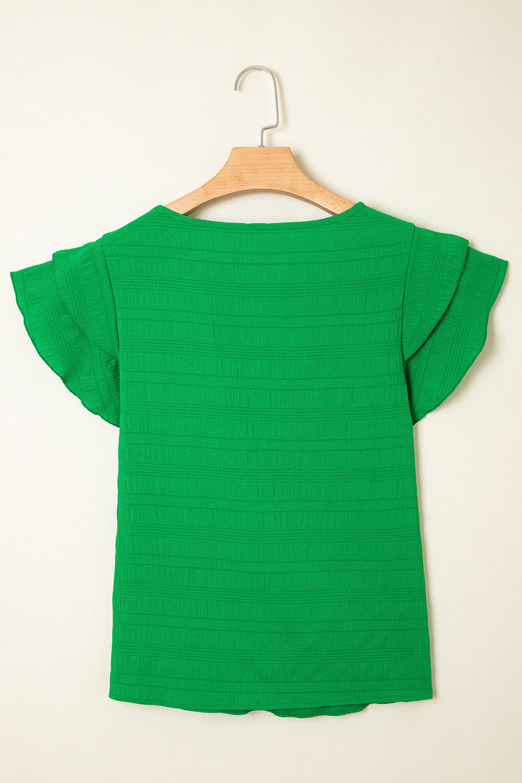 Dark Green Textured Ruffled Sleeve Round Neck Top