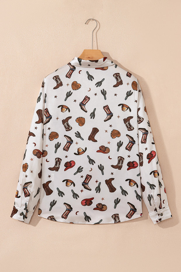 White Western Fashion Print Button Up Casual Shirt
