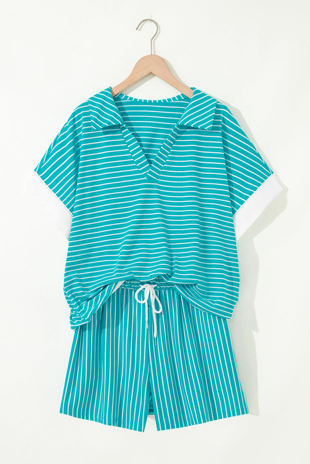 Sky Blue Stripe V Neck Tee and Casual Short Set