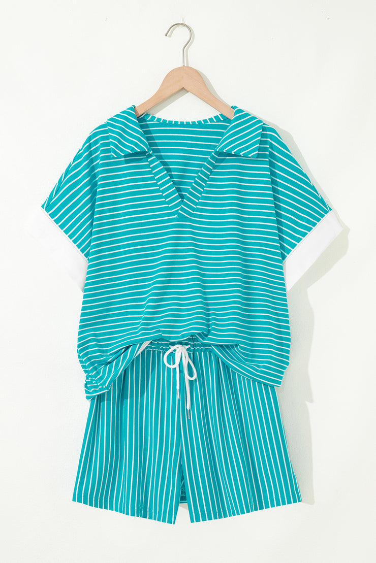 Sky Blue Stripe V Neck Tee and Casual Short Set