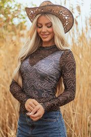 Black Western Rodeo Printed Mock Neck Long Sleeve Mesh Top
