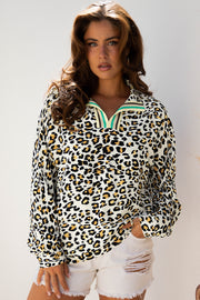 Khaki Leopard Print Contrast Striped V Neck Blouse