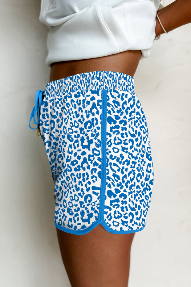 Blue Leopard Elastic Waist Lace up Contrast Trim Casual Shorts