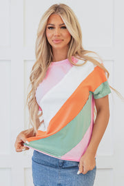 Camiseta de cuello redondo con costuras y patchwork en bloques de color rosa