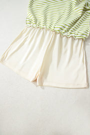 Green Stripe Collared V Neck Drop Shoulder Pullover and Skort 2pcs Outfit