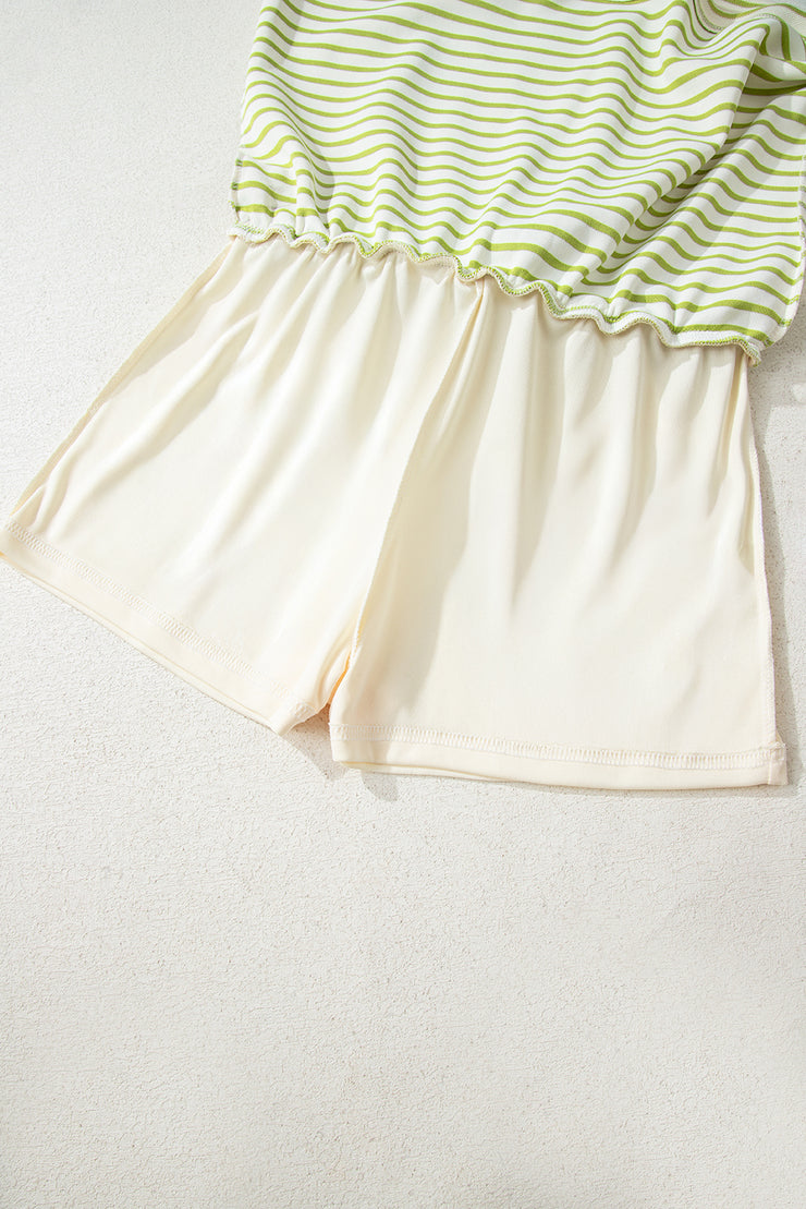 Green Stripe Collared V Neck Drop Shoulder Pullover and Skort 2pcs Outfit