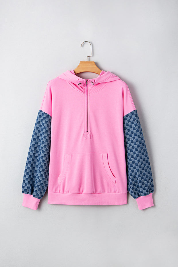 Bonbon Checkered Patchwork Kangaroo Pocket Half Zipper Hoodie
