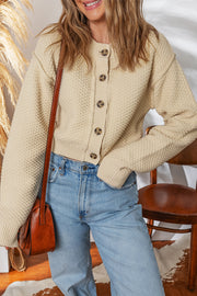 Beige Button Front Cropped Cardigan Sweater