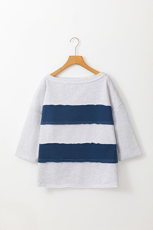 Sail Blue Colorblock Striped Patchwork 3/4 Sleeve Raw Seamed Sweatshirt