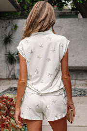 Beige Bow Print Half Zip Tank and Shorts 2pcs Set