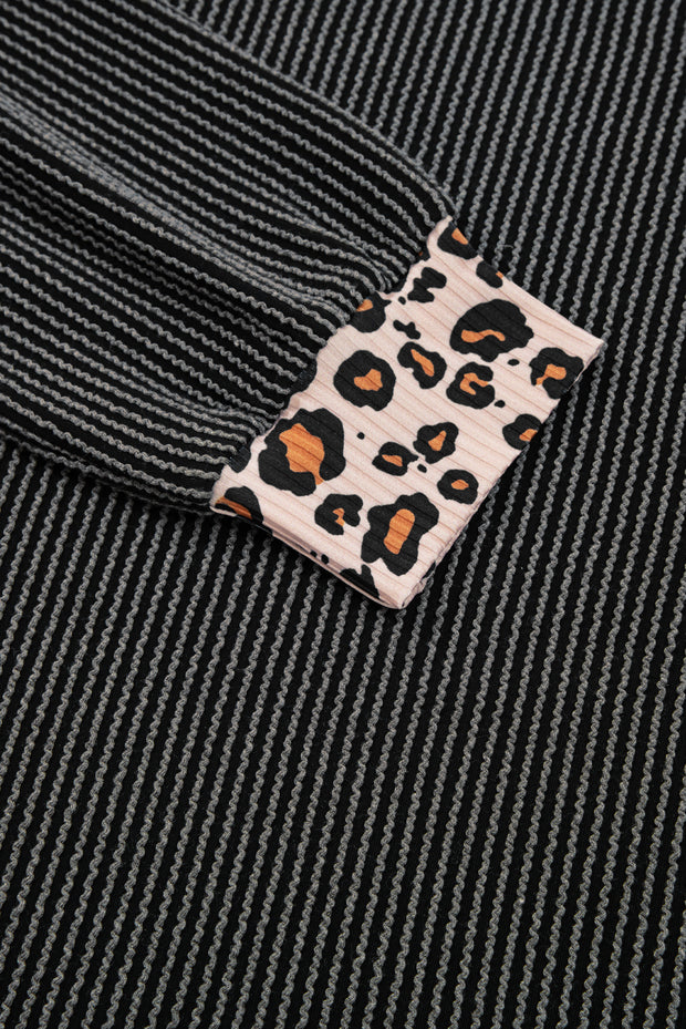 Carbon Grey Twisted Rib Texture Leopard Patchwork Detail 2pcs Pant Set