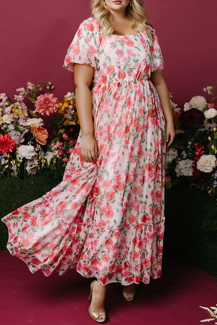 Pink Plus Size Floral Square Neck Puff Sleeve Ruffle Maxi Dress
