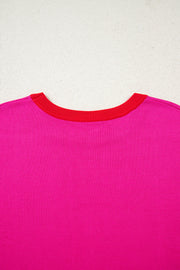 Rose Red Contrast Trim Round Neck Short Sleeve Loose Knit Sweater