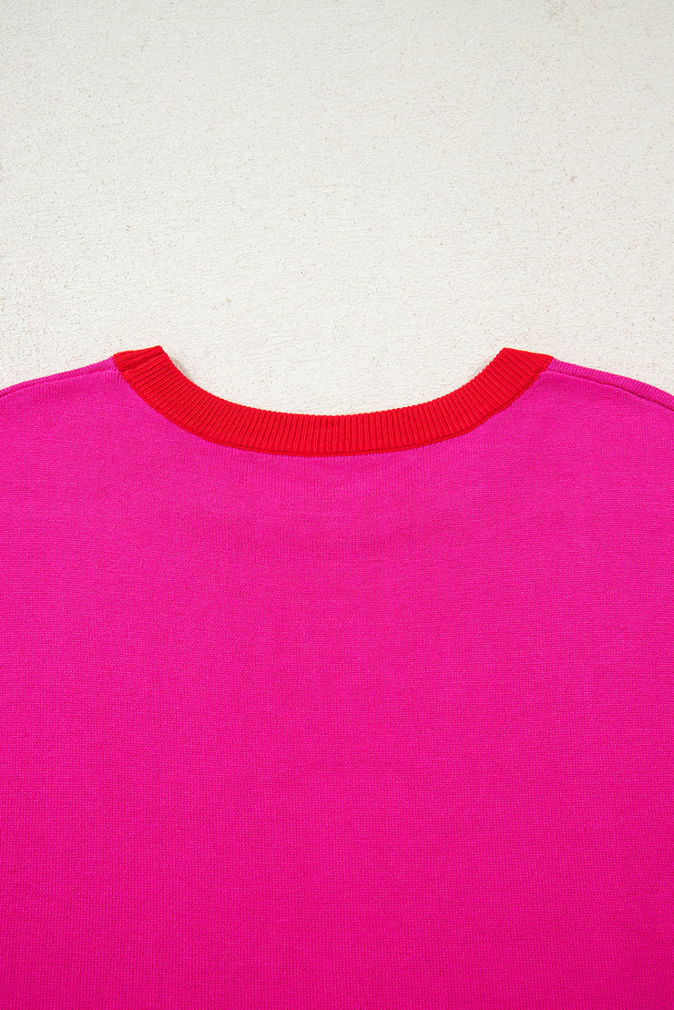 Rose Red Contrast Trim Round Neck Short Sleeve Loose Knit Sweater