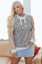 Multicolor Leopard Floral Patchwork Drawstring Hoodie