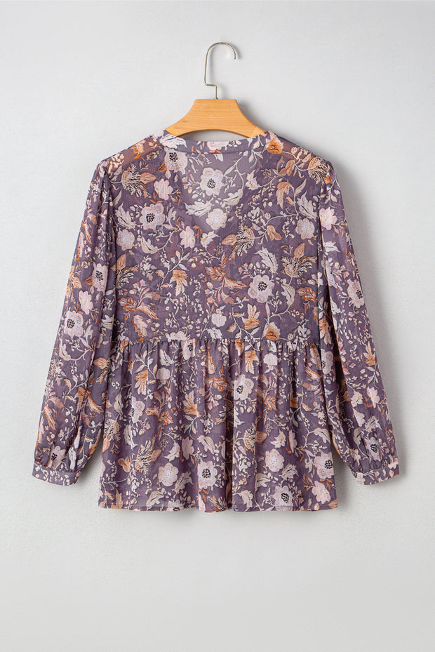 Blue Boho Flower Print 3/4 Sleeve Babydoll Blouse