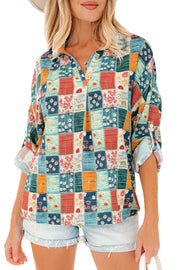 Sky Blue Floral Collared V Neck Roll up Sleeve Shift Blouse