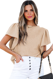 Beige Solid Color Textured Flutter Sleeve Top