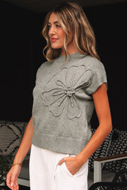 High Flower Pattern Ribbed Trim Short Sleeve Boxy Sweater