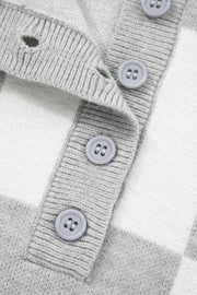 Gray Plus Size Checkered Pattern Button Polo Collar Split Sweater
