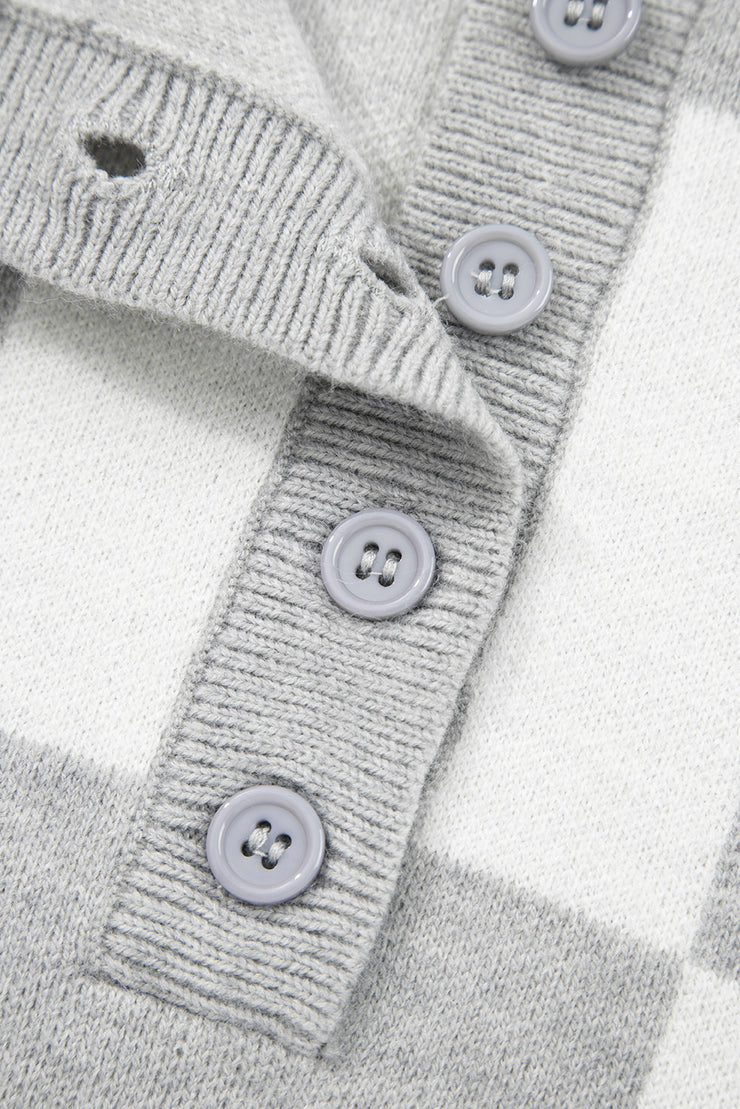 Gray Plus Size Checkered Pattern Button Polo Collar Split Sweater