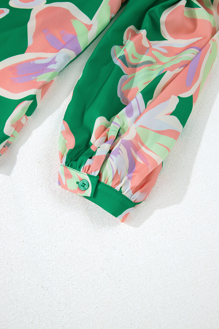 Camisa holgada con mangas abullonadas, plisada y abotonada con estampado floral verde