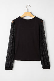 Black Polka Dot Mesh Puff Sleeve Patchwork Ribbed Square Neck Slim Top