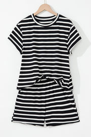 Black White Striped Short Sleeve Top and Shorts Set