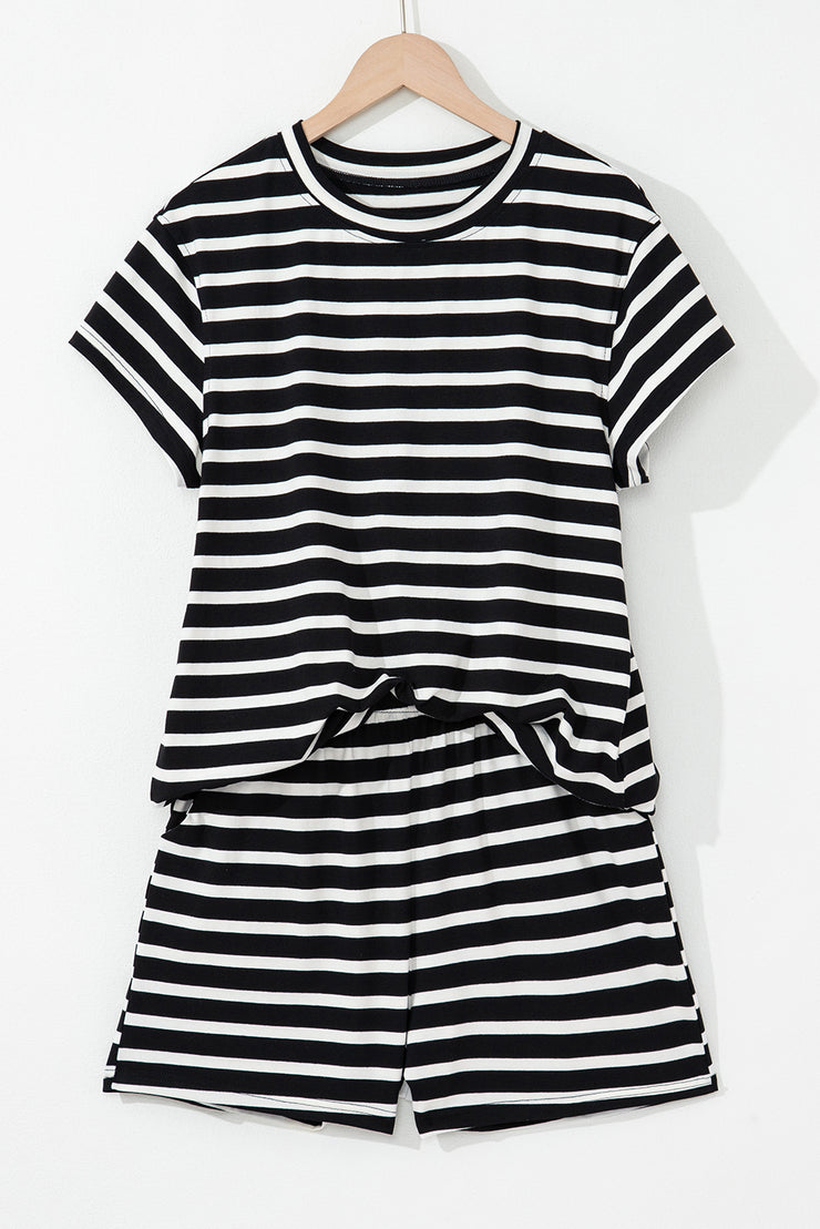 Black White Striped Short Sleeve Top and Shorts Set