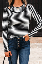 Black Stripe Double-layer Cold Shoulder Long Sleeve Top