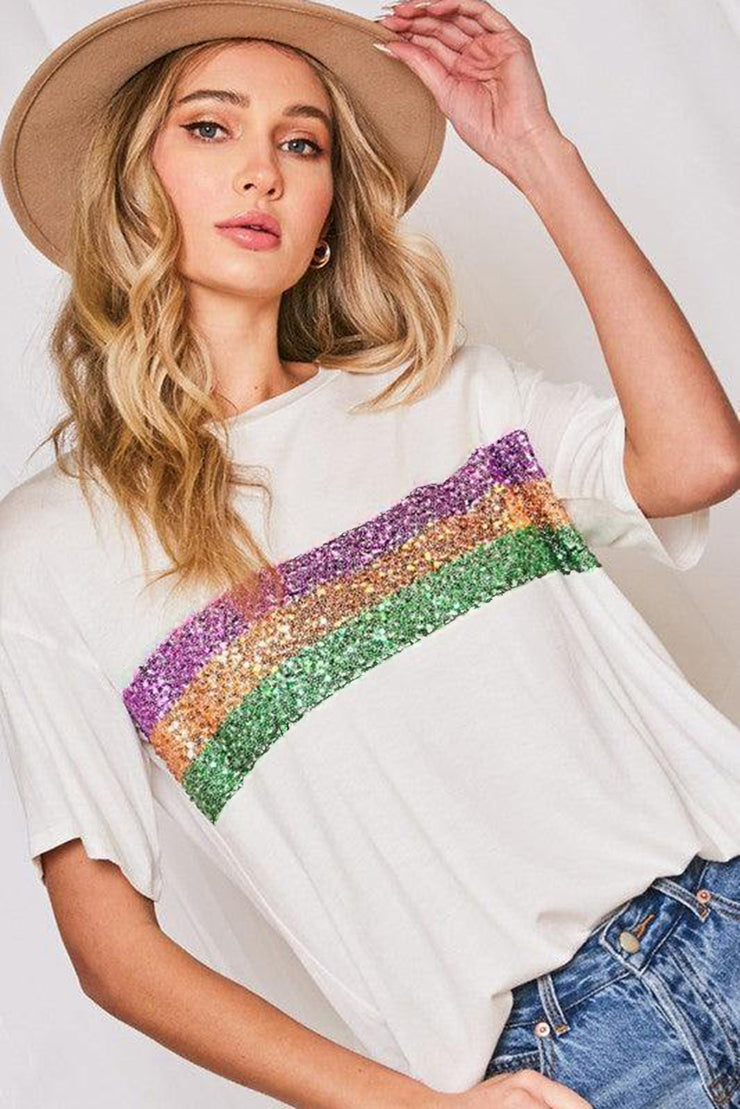 Camiseta de cuello redondo con parches de rayas y lentejuelas blancas para Mardi Gras