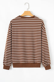 Coffee Striped Long Sleeve Round Neck Loose Top