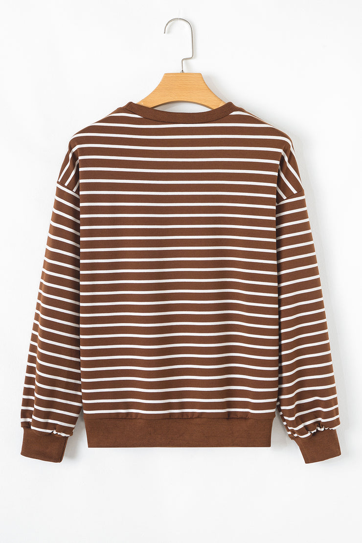 Coffee Striped Long Sleeve Round Neck Loose Top