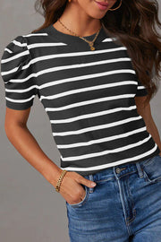 White Stripe Ribbed Trim Round Neck Bubble Sleeve Knitted Top
