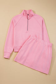 Pink Half Zip Sporty Pullover Mini Skirt 2pcs Outfit
