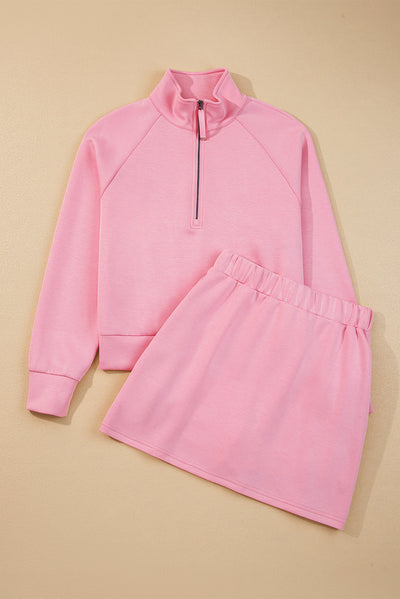 Pink Half Zip Sporty Pullover Mini Skirt 2pcs Outfit