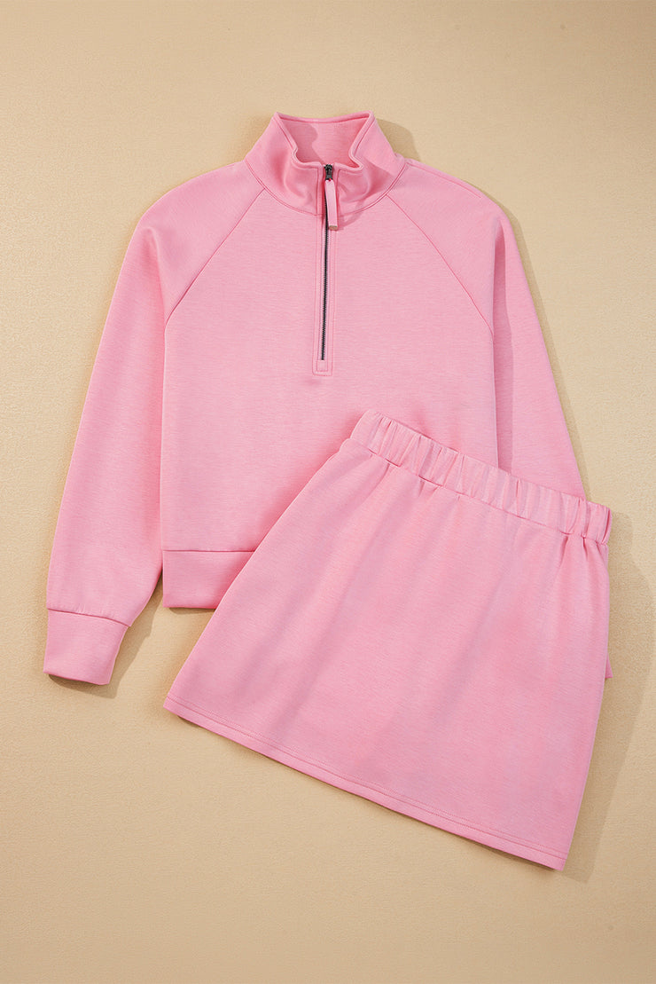 Pink Half Zip Sporty Pullover Mini Skirt 2pcs Outfit
