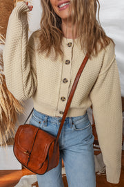 Beige Button Front Cropped Cardigan Sweater