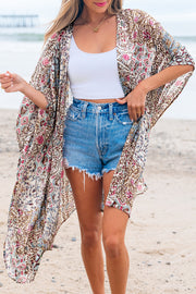 Apricot Floral Print Short Wide Sleeve Open Front Loose Kimono