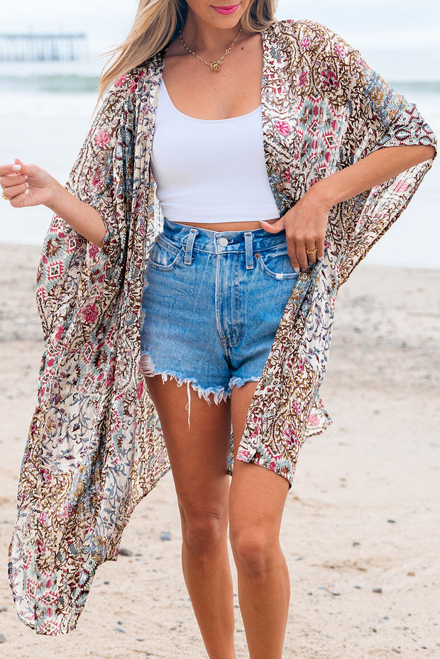Apricot Floral Print Short Wide Sleeve Open Front Loose Kimono