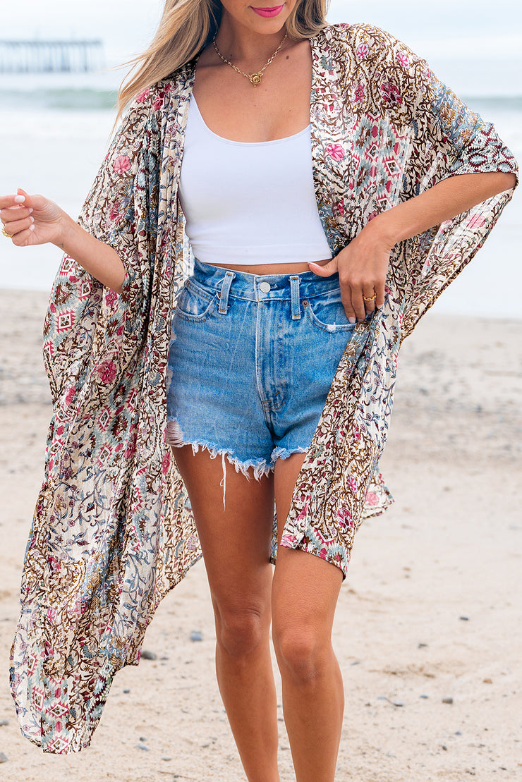 Apricot Floral Print Short Wide Sleeve Open Front Loose Kimono