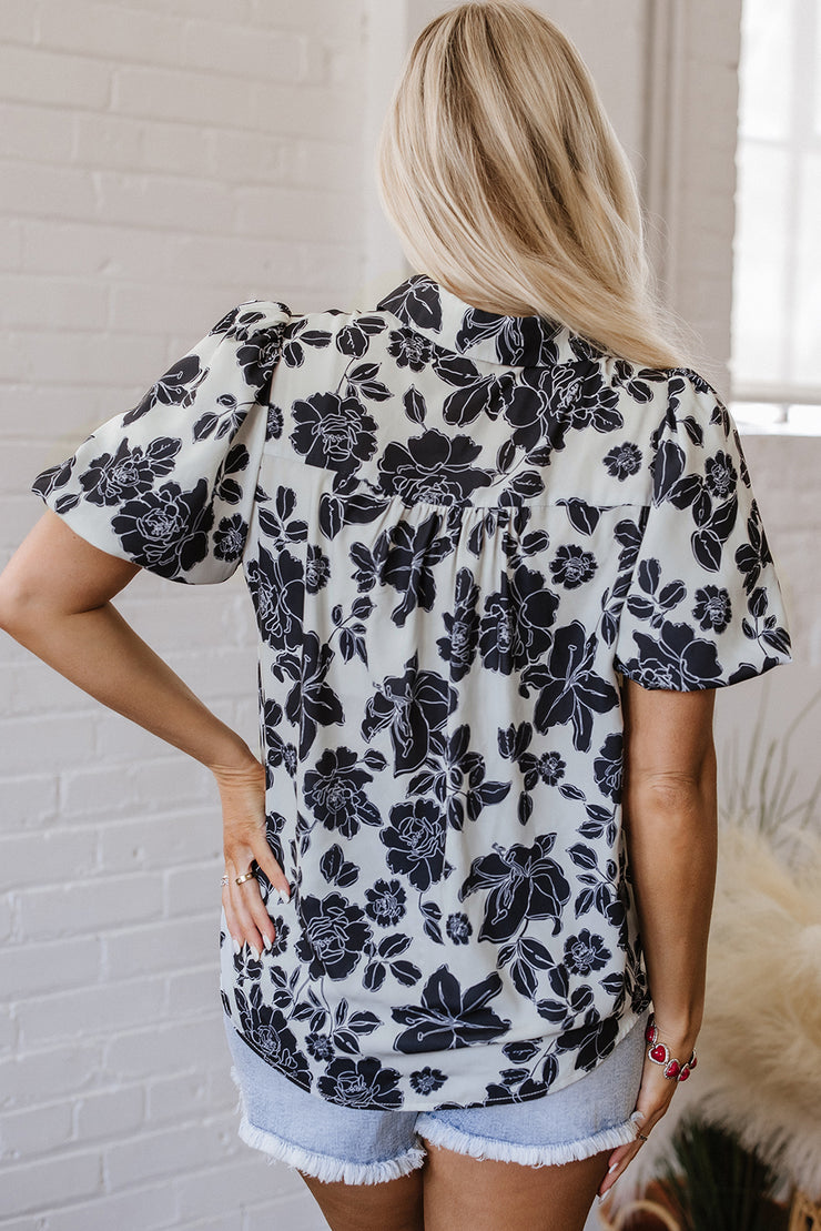 Black Floral Bubble Sleeve Casual Shirt