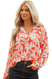 Orange Botanical Print Single Chest Pocket Button Up Shirt