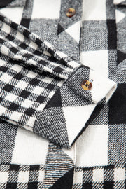 Black Double Plaid Patchwork Drawstring Hooded Shacket