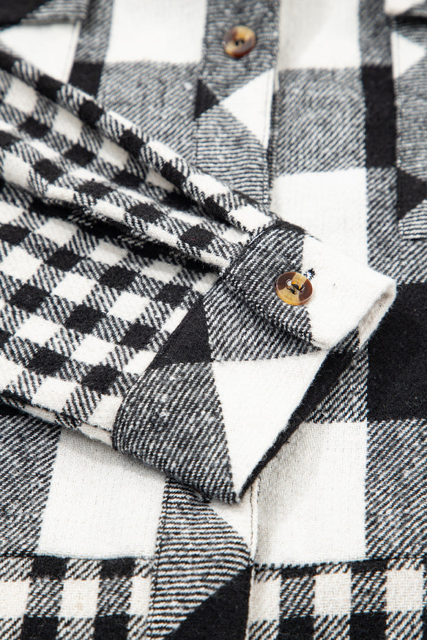 Black Double Plaid Patchwork Drawstring Hooded Shacket